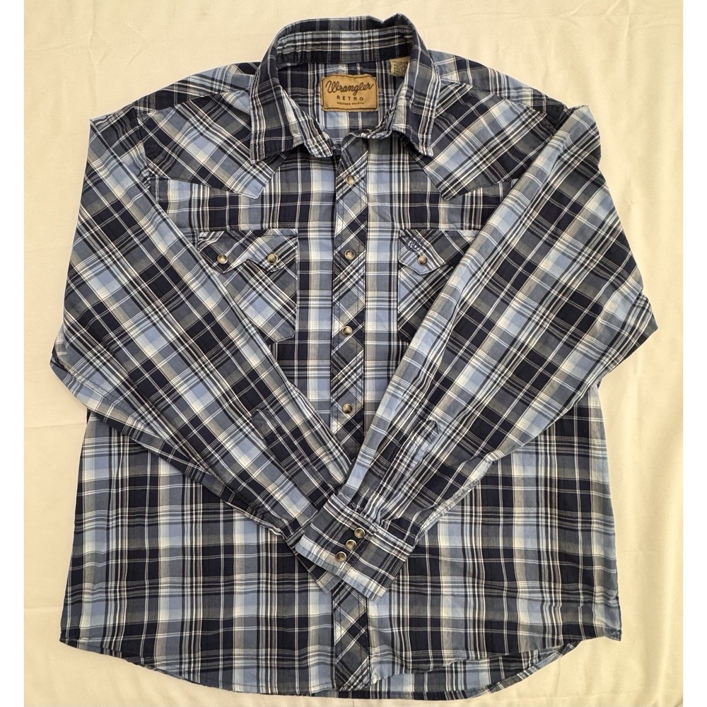 Wrangler Retro Plaid Western Snap Button Up Shirt Mens XL Blue Cowboy Rodeo